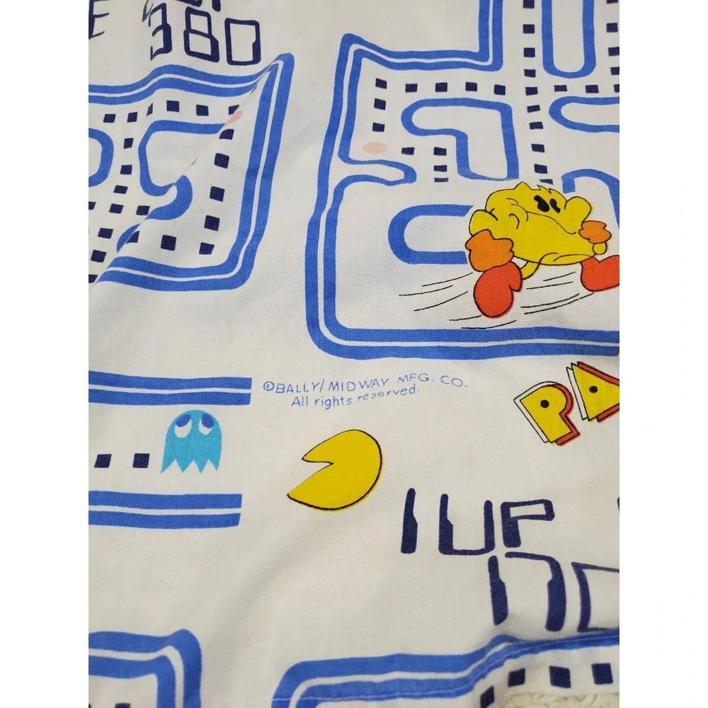 Vintage Danville 1980s White Blue Pac-Man Ghosts Fabric Twin Flat Sheet Gamer